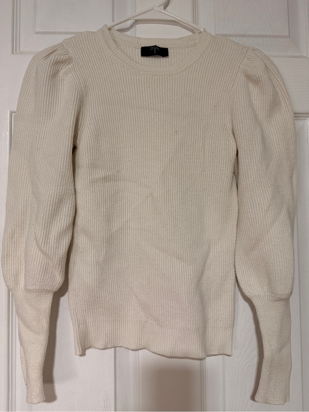 Tahari Cream Ribbed Crewneck Sweater with Puff Shoulders